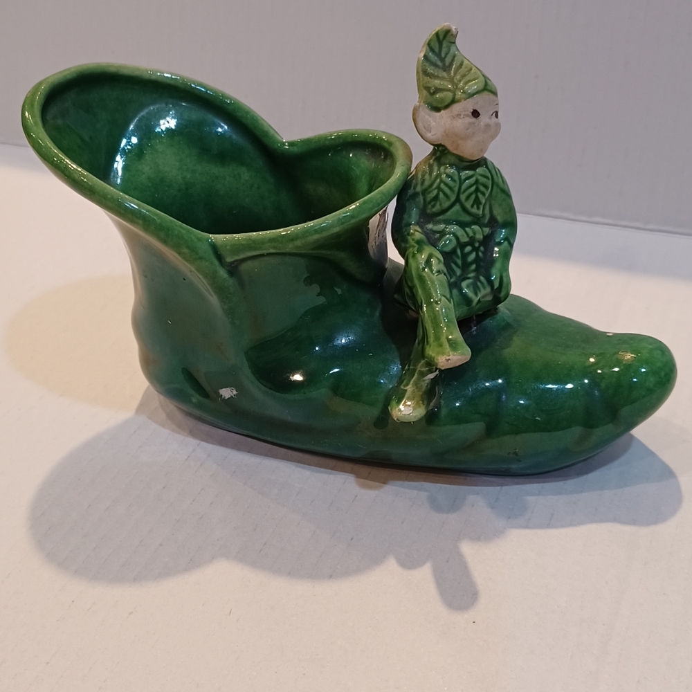 Vintage Green Ceramic Elf On A Shoe Planter
